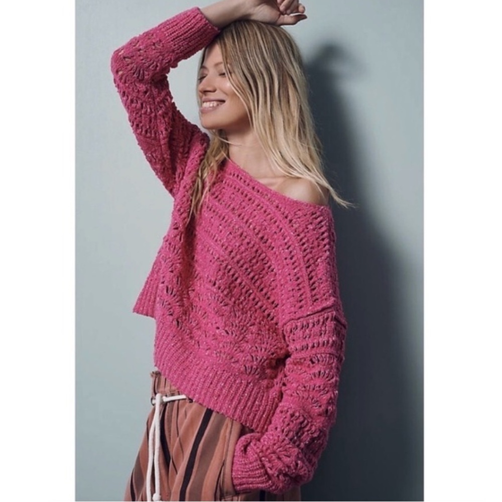 Pilcro The Palmer Open Stitch Pullover Sweater Hot Pink Extra Small XS L2